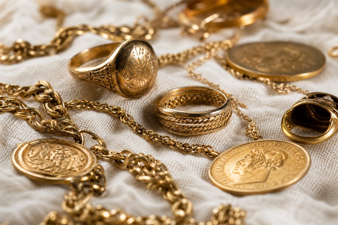 Bijoux hérités en or sur écrin et velours